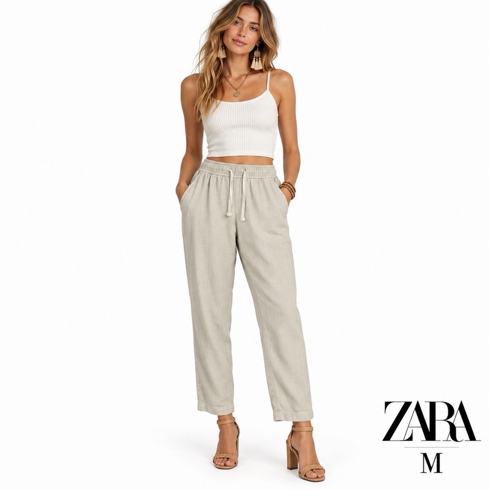 Zara Women's M Beige Ecru Textured Drawstring Pants Relaxed Straight Leg Casual